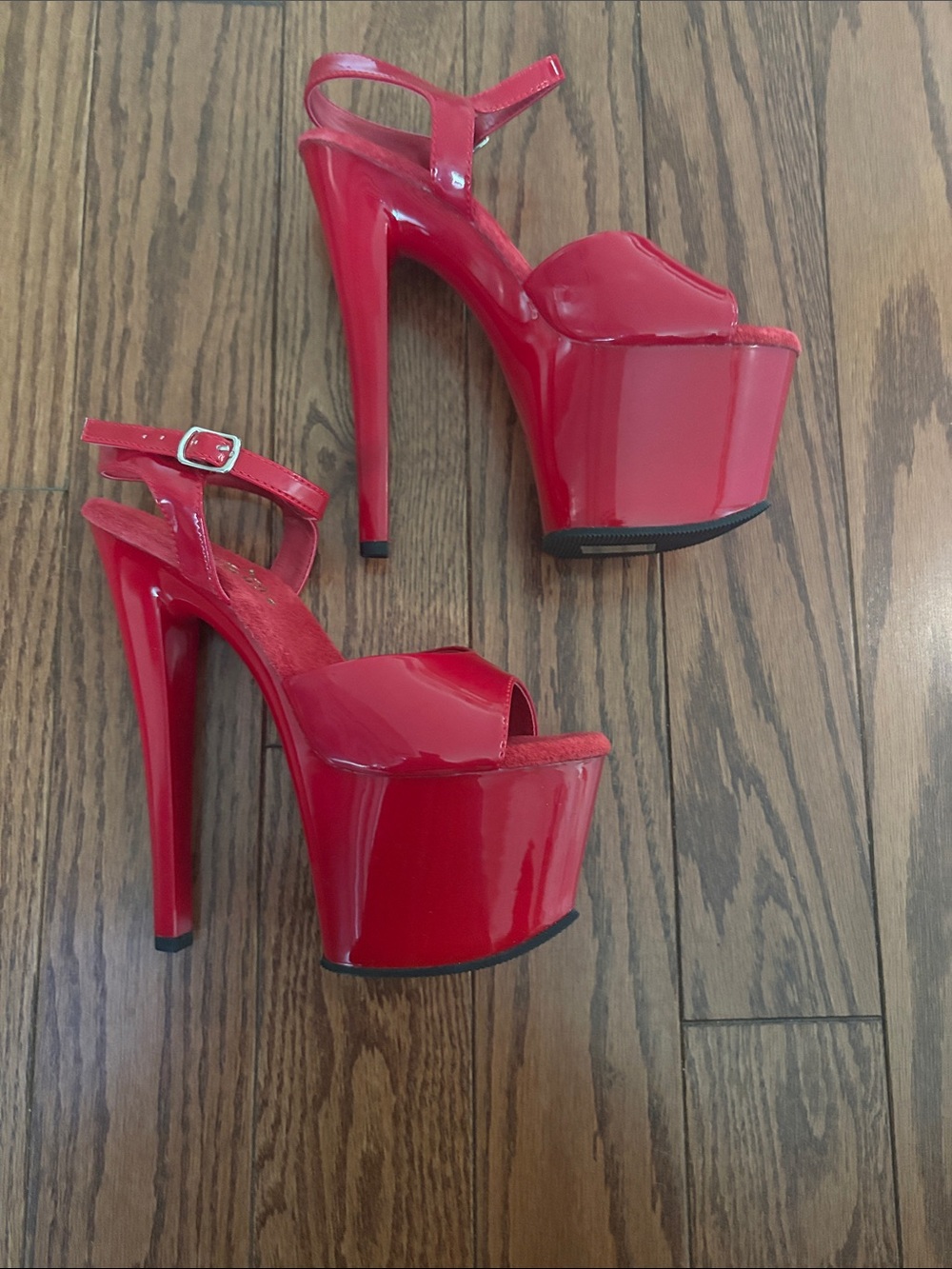 Pleaser Red Patent Platform Ankle-Strap Heels - Picture 4 of 7
